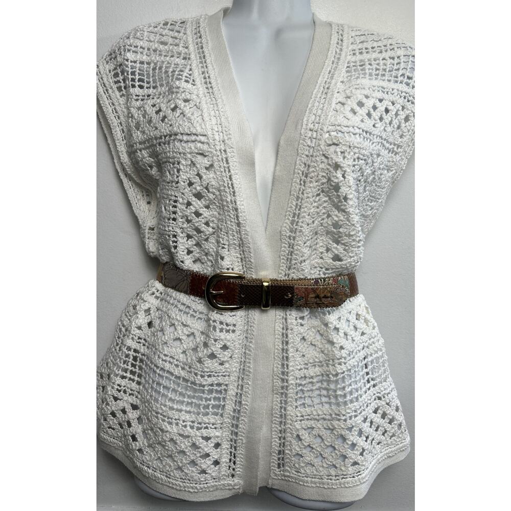 Knitted & Knotted Anthropologie White Open Front Vest S Crochet Boho Cottagecore
